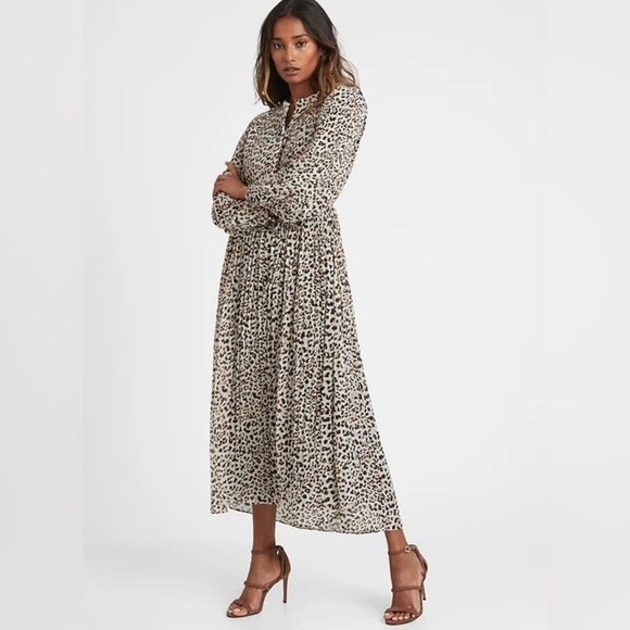 Banana Republic Petite X Small Cheetah Print Long Sleeve Pleated Midi Dress XSP - Picture 1 of 16
